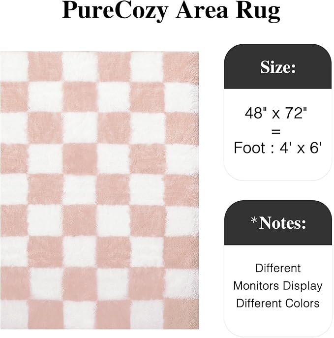 Checkered Rug 4x6 for Living Room, Pink and White Modern Shag Rug Super Soft Washable Fluffy Rugs Indoor Office Fuzzy Carpet for Bedroom Home Dorm Aesthetic Decor