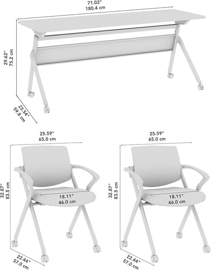Bush Business Furniture Folding Training Table Set for 2, 72 inch Desk with Powered Grommets and 2 Chairs with Arms, Commercial-Grade Bundle for Office or Classroom, Envision Collection, Gray