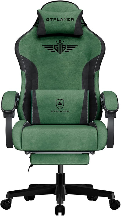 GTPLAYER Gaming Chair Fabric with Footrest, Big and Tall Game Chair High Back Computer Office Chair with Lumbar Support for Adults, Ergonomic Swivel Games Chair with Cushion Gaming Green