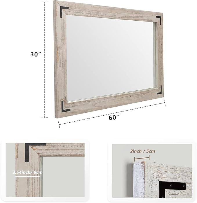 YOSHOOT Rustic Wooden Framed Wall Mirror, Natural Wood Bathroom Vanity Mirror for Farmhouse Decor, Vertical or Horizontal Hanging, 60" x 30", Grey