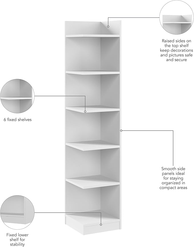 Bush Furniture Universal 15W Tall Corner Bookshelf in White, 6 Shelf Narrow Bookcase for Home Office Storage or Living Room Organization