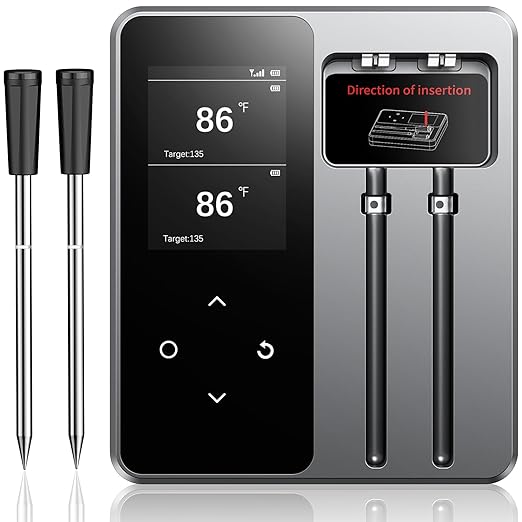 Wireless Meat Thermometer with App Control, 600FT Bluetooth Range, Dual Probes & 6 Sensors, 0.5S Instant Read, LCD Display, IP67 Waterproof Real-Time Monitoring & Smart Alerts for BBQ, Grill, Oven
