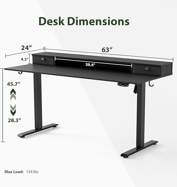 Agilestic 63 x 24 Inches Electric Standing Desk with 2 Storage Drawers, Stand Up Desk Adjustable Height, Sit and Stand Computer Table with Splice Board, Black