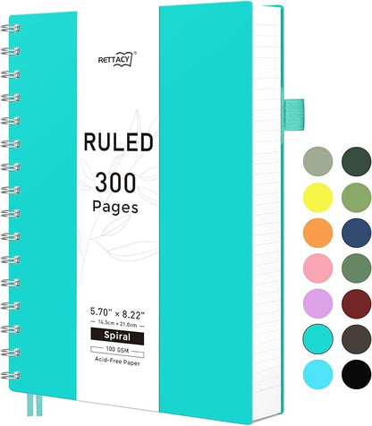 RETTACY Spiral College Ruled Notebook, 300 Pages, A5 Medium Size (5.7" x 8.2"), for School, Work, Writing, Journaling, 100 GSM Thick Paper, Flexible Plastic Cover (Tiffani Blue)