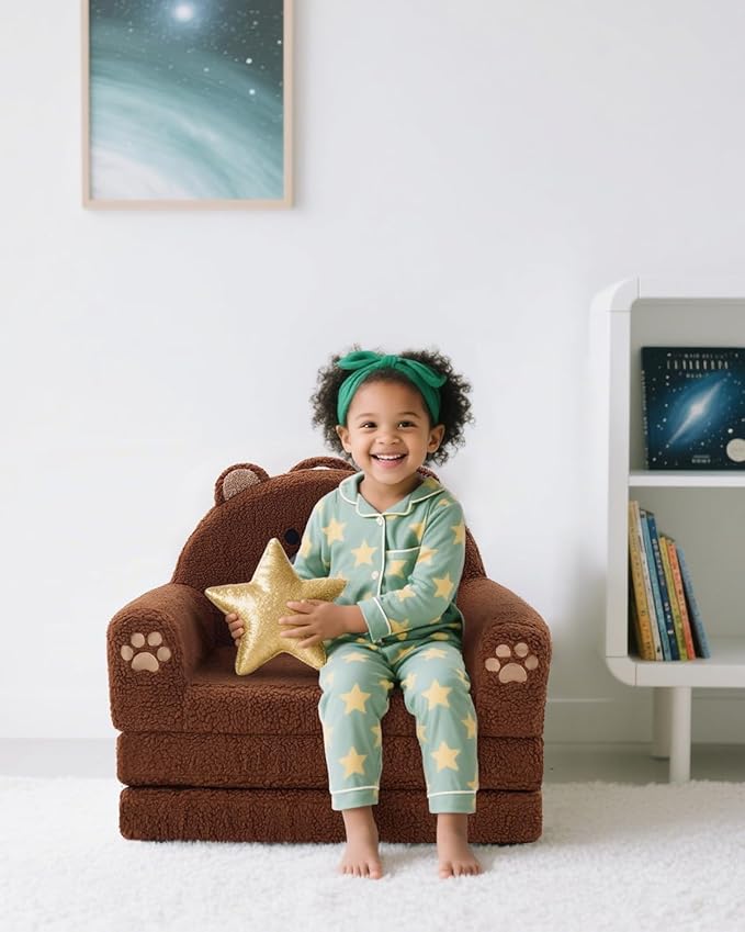 MOONBEEKI 2-in-1 Foldable Toddler Couch, Soft Sherpa Fabric with Washable Cover, Convertible Sofa to Lounger, Kids Sofa for Playroom, Bedroom, Living Room, Birthday Gift, Ages 3-6, Bear, Large
