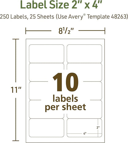 Avery EcoFriendly Recycled Shipping Labels, 2" x 4", White, Permanent Adhesive, Laser & Inkjet Printers, 250 Total, Great for Shipping and Mailing, Product Merchandising, and More (48263)