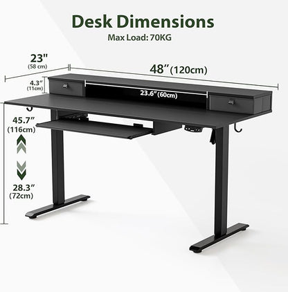 Agilestic Electric Standing Desk with 2 Drawers and Keyboard Tray, 48 x 23 Inches Ergonomic Adjustable Height Desk with Storage, Sit Stand Computer Workstation, Black