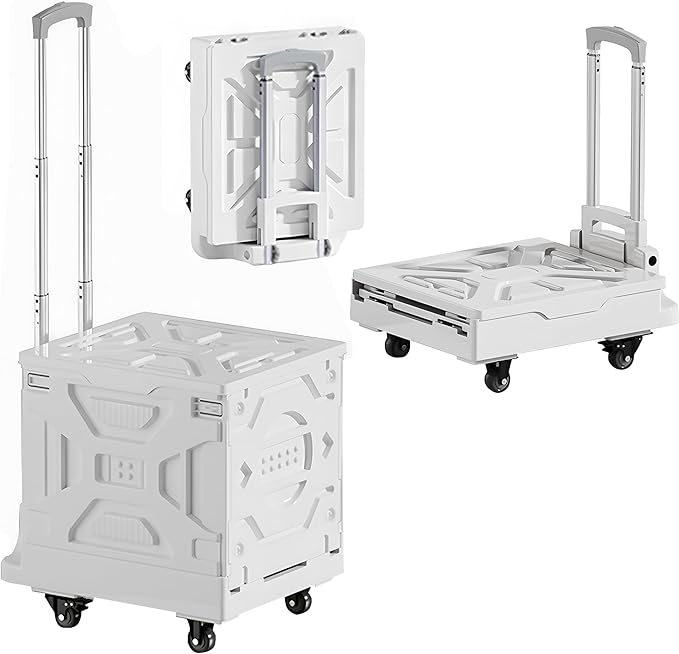 VECELO Foldable Utility Cart with Wheels - Heavy Duty Collapsible Rolling Cart for Shopping, Travel, Office & Home - Portable Luggage Cart with Telescoping Handle, White