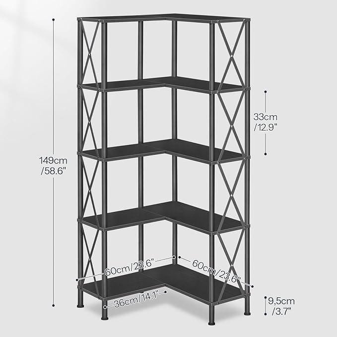 HOOBRO Corner Bookshelf, 5-Tier L-Shaped Bookcase, Industrial Open Display Shelf Tall Storage Organizer, Vertical Storage Rack, for Living Room, Home Office, Black BB60SJ01