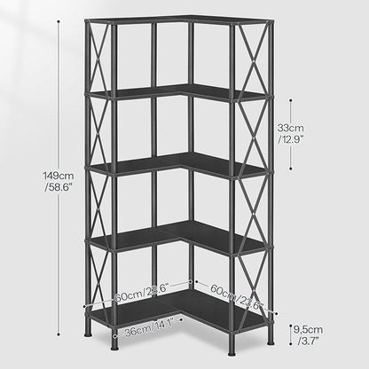 HOOBRO Corner Bookshelf, 5-Tier L-Shaped Bookcase, Industrial Open Display Shelf Tall Storage Organizer, Vertical Storage Rack, for Living Room, Home Office, Black BB60SJ01