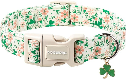 DOGWONG St Patrick's Dog Collar, Green Clover Pet Collar Cotton Flower Shamrock Pet Collar Cute Puppy Collar Adjustable Pet Dog Collars for Medium Dogs,M