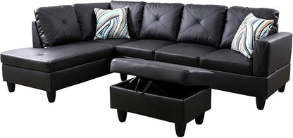 L Shaped Sectional Couch with Otttoman, 97" Leather Sectional Sofa for Living Room Modular Couches with Cup Holders for Bedroom, Apartments, Black