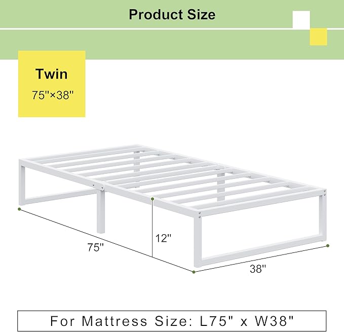EMODA 12 Inch Twin Bed Frames, Metal Platform White Bed Frame Twin No Box Spring Needed, Heavy Duty Steel Slats Support, Easy Assembly, Noise Free