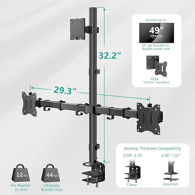 WALI Triple Monitor Mount for up to 49 inch Ultrawides on Top Bracket and 32 inch Screens on Side Brackets, Extra Tall 3 Monitors Desk Mount, Heavy Duty Monitor Arm up to 44 lbs (M003-P), Black