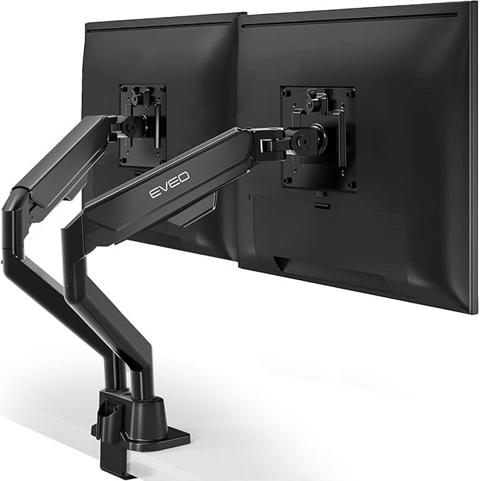 EVEO Premium Dual Monitor Mount 14"-32” Dual Monitor Arm VESA Bracket Adjustable Height Gas Spring Dual Monitor Stand, Screen Full Motion Dual Monitor Arm-Computer Monitor Stand for 2 Screens - Black