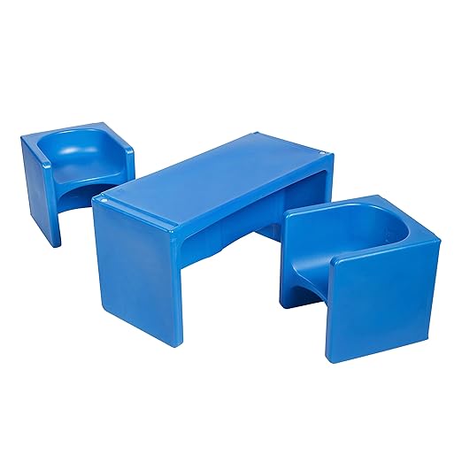 ECR4Kids Tri-Me Table and Cube Chair Set, Multipurpose Furniture, Blue, 3-Piece