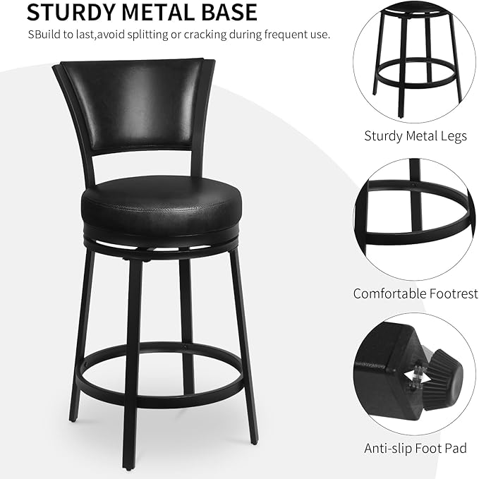 Bar Stools, 25 Inch Metal Counter Height Barstools Set of 2, Faux Leather Round 360° Swivel Bar Chairs with Backrest, Modern Swivel Bar Stool for Kitchen Island, Black