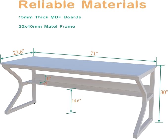 Extra Long Desk with Bookshelf - 71" Double Long Writing Table for 2-Person Workstation, Modern Study Work Computer Desk for Home and Office, Warm White