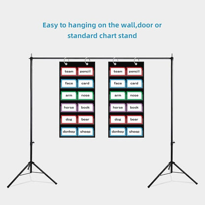 10”W x 25”H Classroom Words Pocket Chart with 6 Clear Pockets, Black Standard Pocket Chart for Classroom and Home for Sentence Strips, Reusable Words Hanging Pocket Chart (Black)