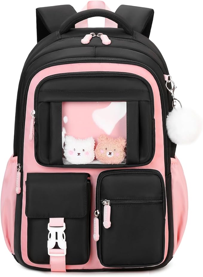 Kids Backpack for Girls School Bags for Middle School Students Book Bag for Elementary Primary Kawaii Ita Backpack, Black and Pink