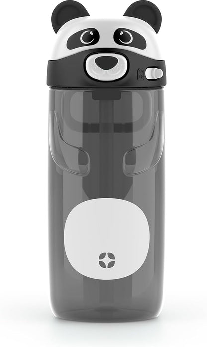 Ello Ellies 16oz Plastic Kids Water Bottle with Straw and Built-in Carrying Handle and Leak-Proof Locking Lid for School backpack, Lunchbox and Outdoor Sports, Panda