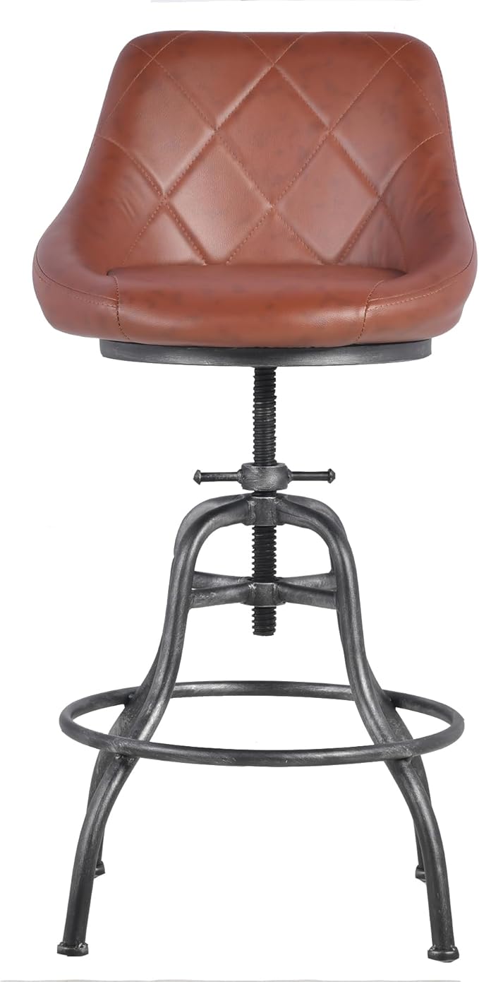 Diwhy Industrial Counter Stool, 22.44"-27.17" Adjustable Height PU Backrest Seat Bar Stool, Vintage Kitchen Dining Chair with Footrest, for Kitchen, Dining Side Chair, Bistro, Brown Leather