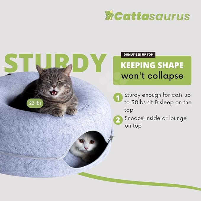 CATTASAURUS Peekaboo Cat Cave for Multiple & Large Cats Up to 30-45 Lbs, Scratch Detachable & Washable Tunnel Bed, Comfy Donut Cat Cave (Light Gray + Light Gray, Large)