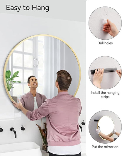 18 Inch Round Mirror, Gold Circle Mirror for Bathroom, HD Eco-Friendly Round Bathroom Mirror for Over Sink, Small Matte Gold Metal Framed Wall Mirror for Wall, Vanity, Entryway, Easy to Install
