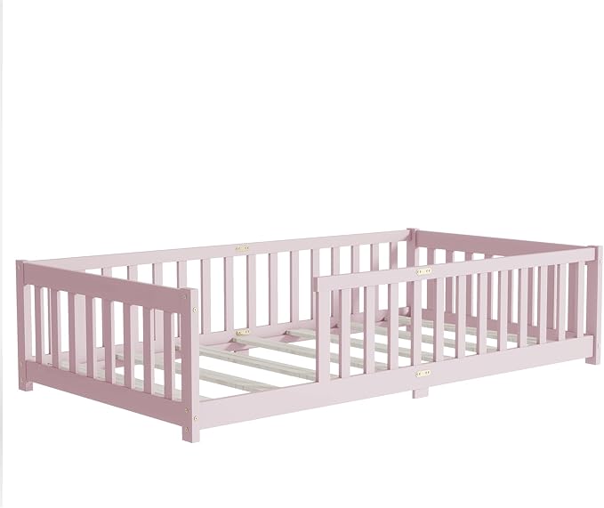 Bellemave Twin Floor Bed with Slats and Safety Guardrails, Kids Montessori Floor Beds with Fence and Without Door, Easy Assemble Floor Bed for Kids, Girls, Boys, Pink