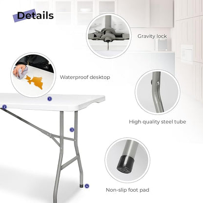 Folding Table 6ft Portable Heavy Duty Plastic Fold-in-Half Utility Foldable Table Plastic Dining Indoor Outdoor for Camping, Picnic and Party, White
