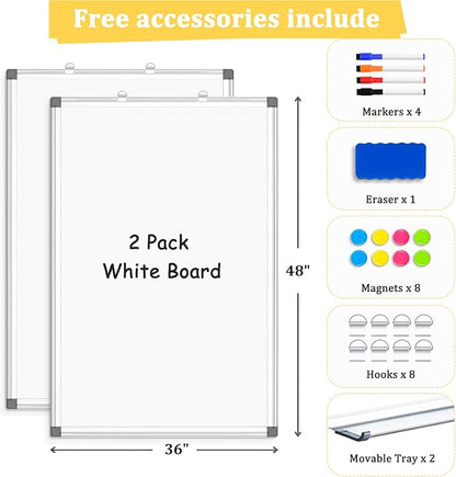2 Pack Double-Sided Magnetic Whiteboard, 48" x 36" Dry Erase Board, Aluminum Frame White Board for Wall, Hanging Mounting White Board Dry Erase Marker Board for Office, School, Home