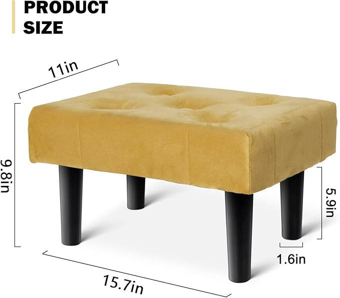 HOUCHICS Small Footstool Ottoman,Velvet Soft Footrest Ottoman with Wood Legs,Sofa Footrest Extra Seating for Living Room Entryway Office(Yellow 1PACK)