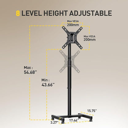 AM alphamount TV Floor Stand for 13-43 inch Flat/Curved TVs up to 44 lbs, 8 Level Height Adjustable Monitor Floor TV Stand with VESA 200x200, Portable TV Mount Stand for Living Room, Bedroom, Office