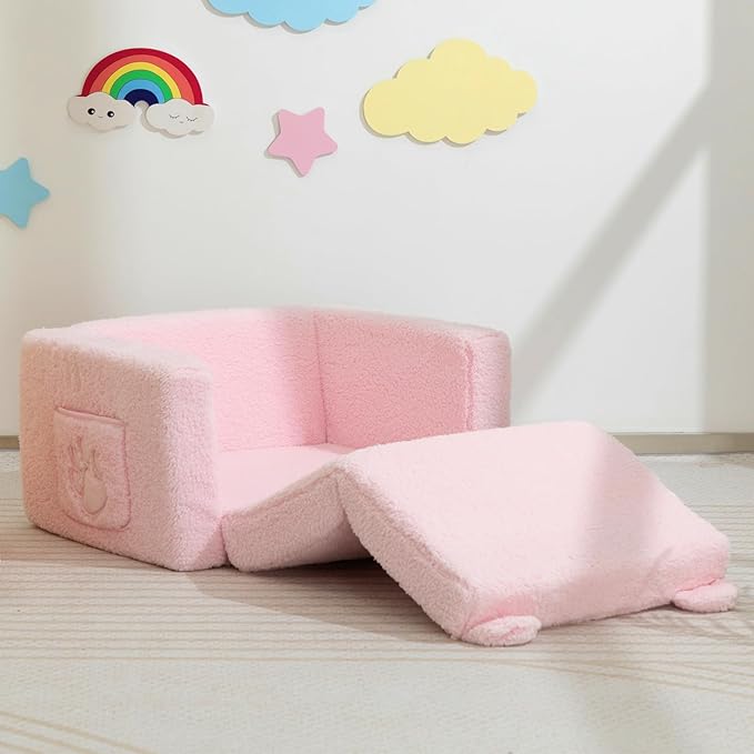 ALIMORDEN Fold Out Toddler Couch, Comfy 2-in-1 Cuddly Sherpa Bear Chair for Kids, Convertible Sofa to Lounger, Kids Cozy Corner Play Couch for Boys and Girls, Pink
