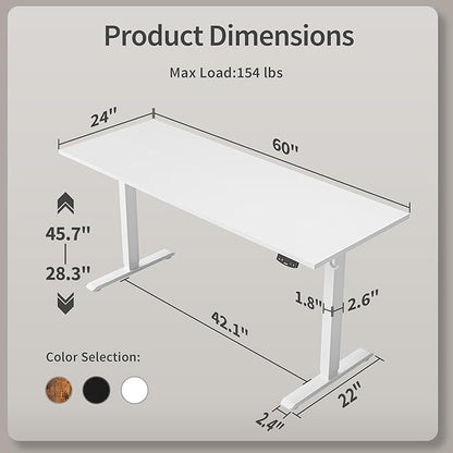 Agilestic Electric Standing Desk, Large 60 x 24 Inches Height Adjustable Desk, Sit Stand up for Work Office Home, Ergonomic Rising Computer Table with Memory Preset, White