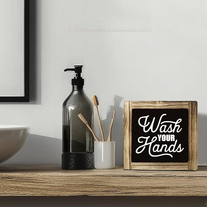 Bathroom Sign Decor, Wash Your Hands Sign, Rustic Wooden Tabletop Decor Sign, Washroom Wooden Block Sign, Freestanding Restroom Sign, Farmhouse Decor, Toilet Humor, Bathroom Table Art Prints