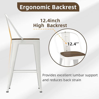 30” Swivel Bar Stools Set of 4, Counter Height Bar Stools Wooden Seat, Metal Industrial Bar Chairs with High Back for Kitchen Island (White)