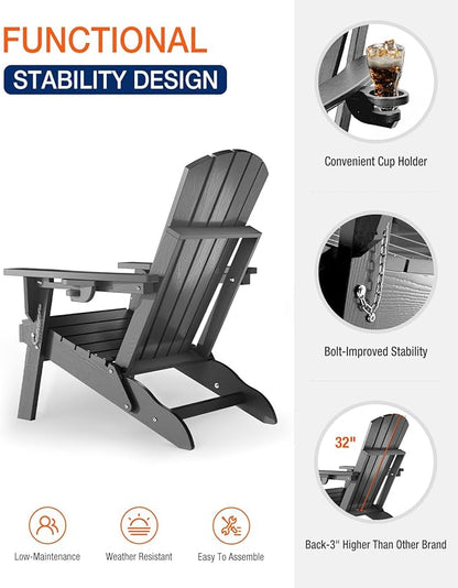 Adirondack Chair with Cup Holder: Folding Adirondack Chairs Plastic HDPE Material Furniture - Composite Fire Pit Chairs Foldable for Outdoor/Backyard/Garden/Lawn/Deck/Porch/Patio