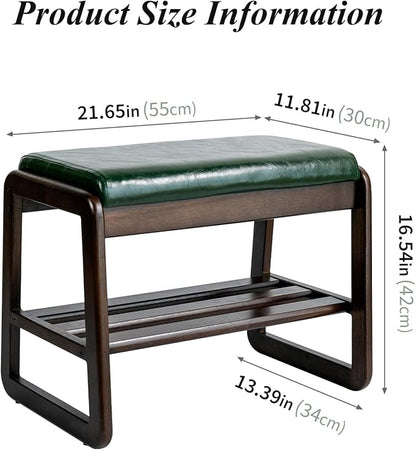 Shoe Bench, Entryway Bench with Leather Cushion, Solid Wood Shoe Rack, Mid Century Modern Bench, Shoe Storage, Shoe Organizer for Entryway (Brown, 21.7" W)