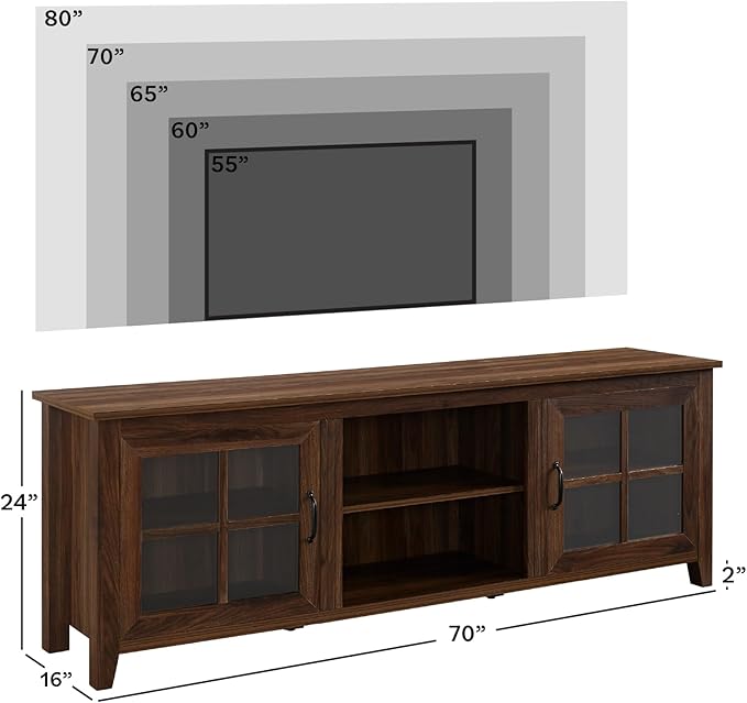 Walker Edison Portsmouth Classic 2 Glass Door TV Stand for TVs up to 80 Inches, 70 Inch, Dark Walnut