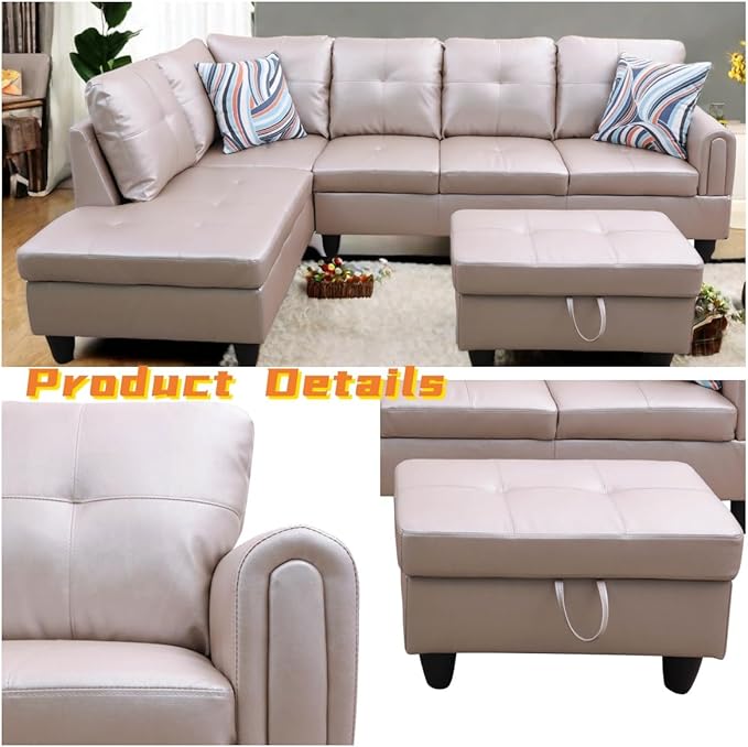 L Shaped Sectional Couch with Otttoman, 97" Leather Sectional Sofa for Living Room Modular Couches with Cup Holders for Bedroom, Apartments, Latte