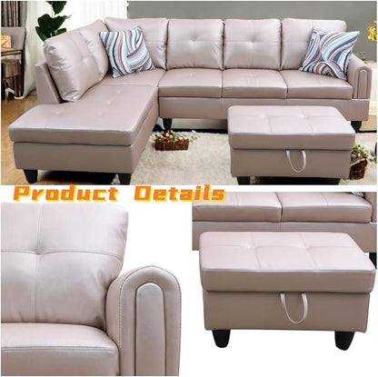 L Shaped Sectional Couch with Otttoman, 97" Leather Sectional Sofa for Living Room Modular Couches with Cup Holders for Bedroom, Apartments, Latte