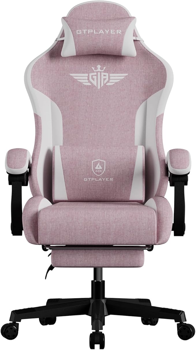 GTPLAYER Gaming Chair with Footrest, Big and Tall Game Chair High Back Computer Office Chair with Lumbar Support for Adults, Ergonomic Swivel Games Chair with Cushion Gaming Black Linen Fabric Pink