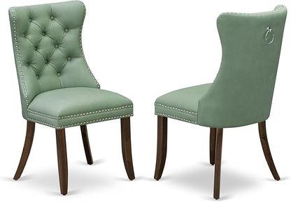 NEDA9-AWA-22 9-Piece Modern Dining Table Set Consists of a Kitchen Table and 8 Willow Green Polyester Dining Chairs with Button Tufted Back, 44x100 Inch, Antique Walnut