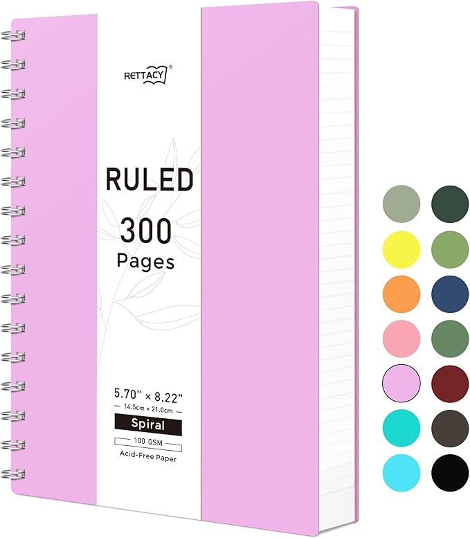 RETTACY Spiral College Ruled Notebook, 300 Pages, A5 Medium Size (5.7" x 8.2"), for School, Work, Writing, Journaling, 100 GSM Thick Paper, Flexible Plastic Cover (Lilac)