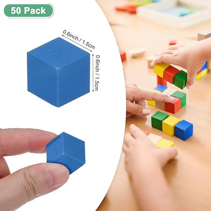 50-Pack DIY Wooden Cube, 0.6 Inch(1.5 Cm) Colored Natural Wood Blocks for Crafts Making Puzzle Games/Wedding/Home Decor/Dice/Building, Square Blank Block [Blue]