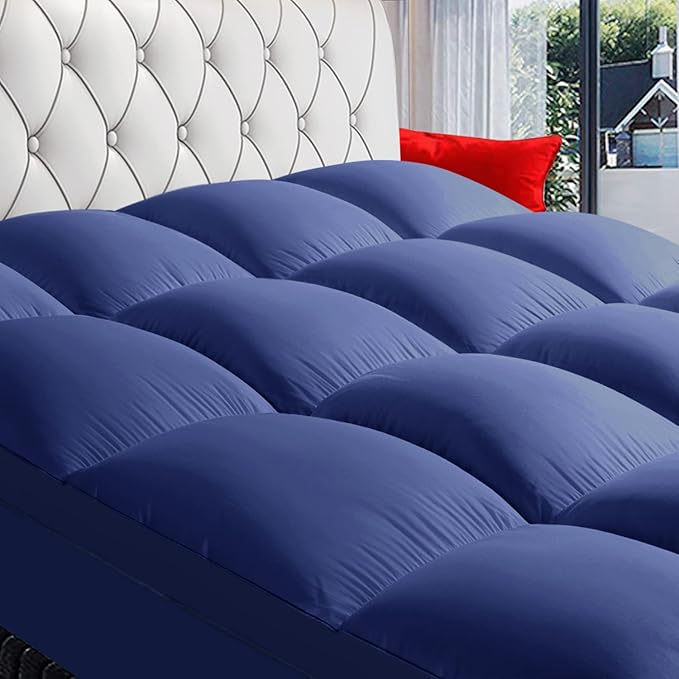 COONP Twin Mattress Topper, Extra Thick Pillowtop, Cooling Plush Mattress Pad Cover Bed Topper Protector with 8-21 Inch Deep Pocket (Navy Blue, Twin)