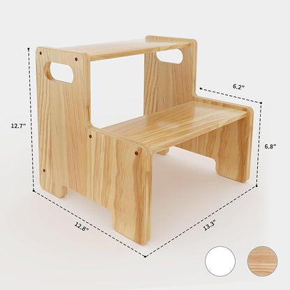 Wooden Step Stool,Two Step Stool for Kids,Toddler Montessori Stool Supports 300 lbs Kids Toddler Stepping Stool for Bathroom Sink/Toilet/Kitchen/Bed,Natural