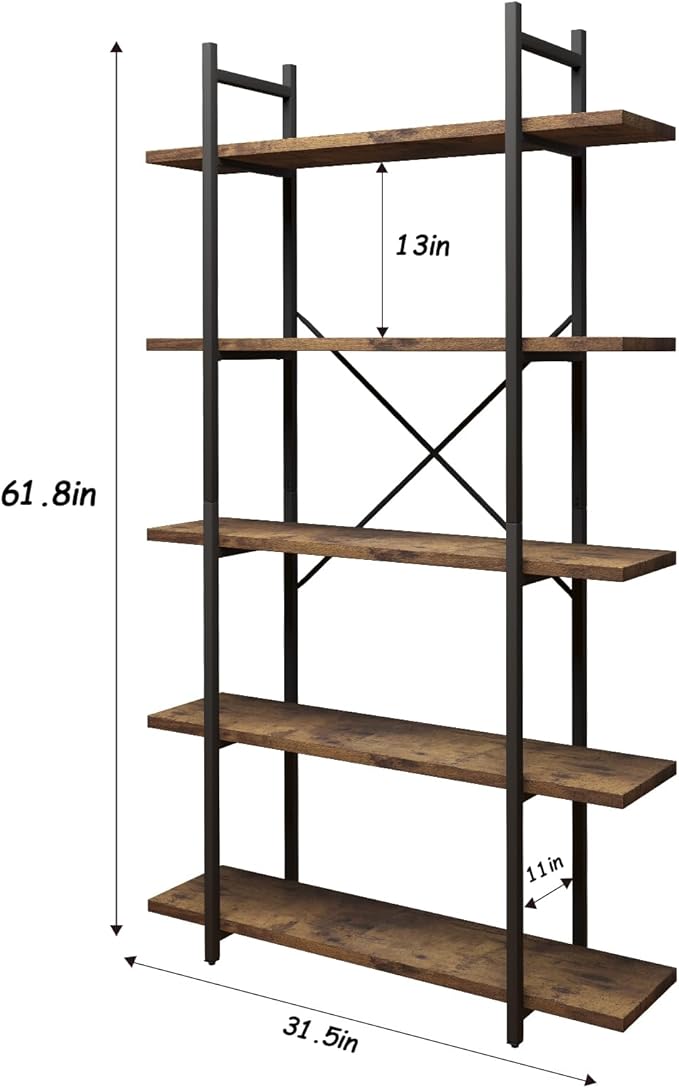 5 Tiers Bookshelf Organizer Industrial Shelf,Modern Open Display Storage Bookcase,Rustic Brown and Metal Bookshelf Standing Storage Shelf Tall Shelving Units for Home Office Study.