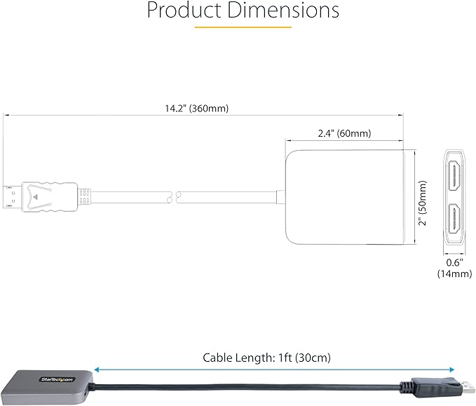 StarTech.com DP to Dual HDMI MST HUB - Dual HDMI 4K 60Hz - DisplayPort Multi Monitor Adapter with 1ft / 30cm Cable - DP 1.4 Multi Stream Transport Hub, DSC | HBR3 - DP to HDMI Splitter (MST14DP122HD)
